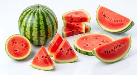 A whole watermelon and several slices are artfully arranged on a white background, showcasing their vibrant red flesh and green rind.