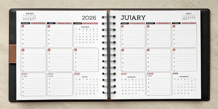 An open spiral bound planner showing a weekly spread for the month of july with ample space for appointments notes and to do lists organized for efficient time management and productivity