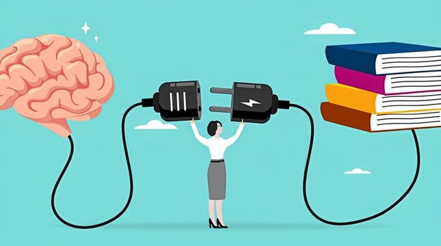 read books to learn new lessons, literature or intelligence information, improve literacy and numeracy skills, woman connect plug with stack of book with human brain concept vector illustration