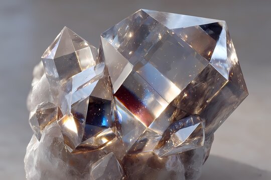 Intricate cluster of clear quartz crystals showcasing sharp geometric facets and subtle internal reflections of light and color