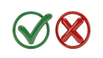 Green check mark and red cross isolated on transparent background