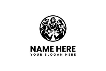 Logo design featuring three women engaged in conversation, a circular emblem for community and unity