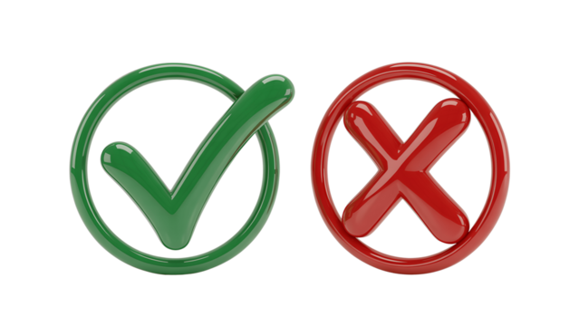 Green check mark and red cross isolated on transparent background