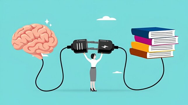 read books to learn new lessons, literature or intelligence information, improve literacy and numeracy skills, woman connect plug with stack of book with human brain concept vector illustration