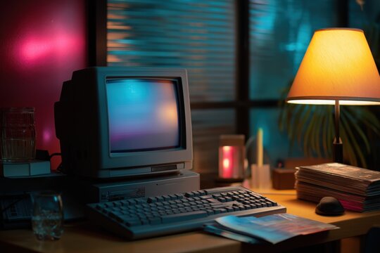 Retro desktop computer setup in moody lighting with vintage monitor and keyboard