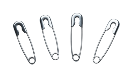 Four safety pins isolated on transparent background