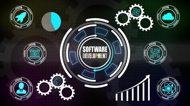 Software development strategy for innovation, application design, coding, workflow optimization, digital solutions, teamwork, analytics and project success