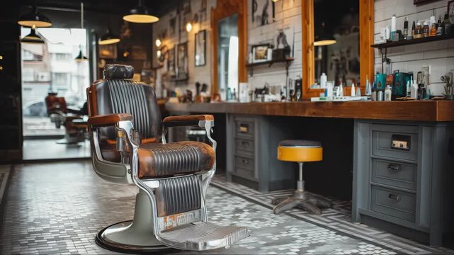 Barbershop interior showcasing a classic barber chair with modern decor and tools in a vibrant urban setting