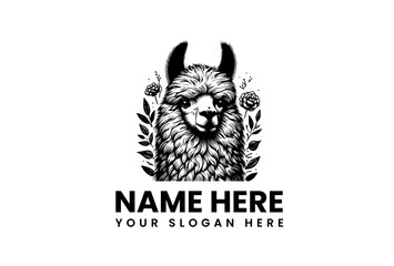 Detailed Black and White Llama Portrait with Floral Accents Logo Design