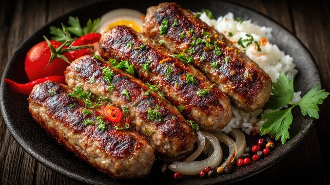 Serbia dish Cevapi Grilled minced meat sausages small brown fingers with onions