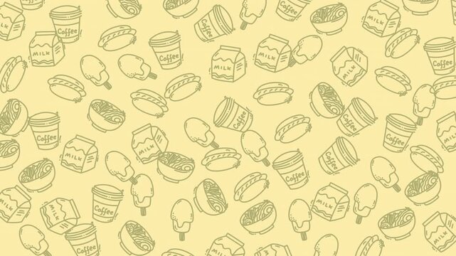 Yellow pattern with food icons like ramen and coffee. Suitable for restaurant menus, food blogs, and social media graphics.