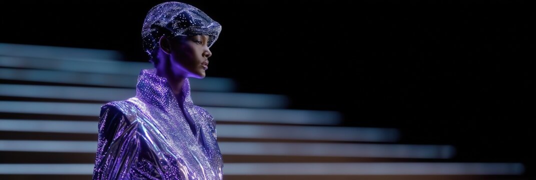 Asian female model in futuristic led-illuminated outfit on runway
