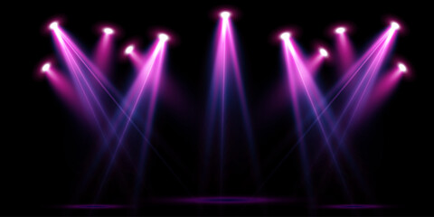 Bright pink neon lights and LED spotlights for concert stage. Realistic performance or disco lighting with glowing pink beams and reflections on transparent vector background.