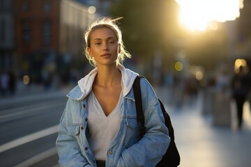 Fototapeta premium Young caucasian female in denim jacket at sunset in urban setting