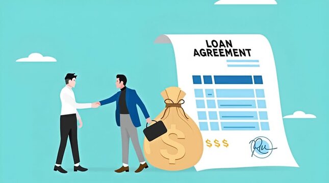 loan agreement, proof of loan document, two businessmen shaking hands making a loan agreement with a bag of dollars and a loan agreement document concept vector illustration