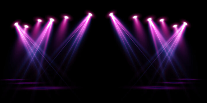 Pink spotlight stage background. Disco party projector light concert or show scene. Magic beam glow for nightclub or award winner with confetti glitter.