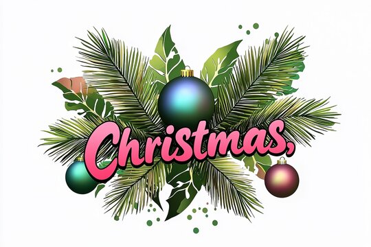 Tropical Christmas logo with cursive text, palm leaves and ornaments on white background, vector art for social media.