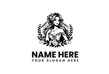 Obraz premium Elegant Woman with Flowers and Laurel Wreath Logo