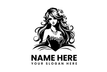 Elegant woman with long wavy hair and a flower, a beautiful lady mascot for a beauty salon or spa logo