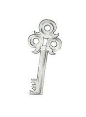 Watercolor illustration of a silver key. Hand-drawn key isolated on a white background. Design and decoration. Antique item, door key.