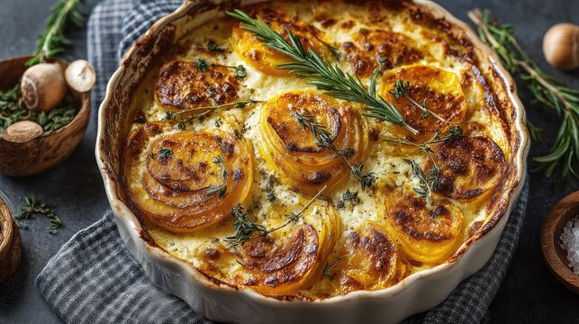 Suriname dish Pom Casserole with pomtajer root orange-yellow baked dish