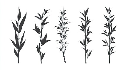 Naklejka premium Silhouettes of five bamboo stalks with lush green leaves.