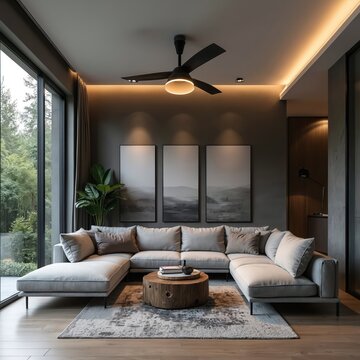 Modern Scandinavian living room features grey sectional sofa, minimalist decor. Warm lighting highlights wood flooring, artwork creating comfortable space. Ceiling fan adds to contemporary design of