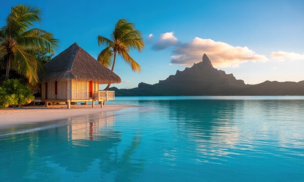 Tropical overwater hut on turquoise water, palm trees, sandy beach, mountain background