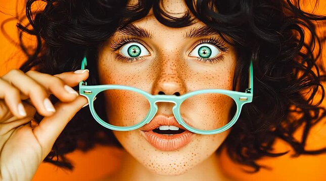 Jeune femme brune surprise bougeant ses lunettes vertes