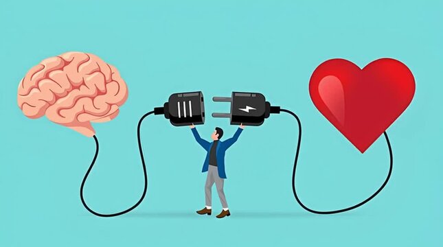 heart and brain connection, align your heart and brain, control feeling and emotion with logical thinking brain, man connect plug with heart to brain concept vector illustration with flat style design