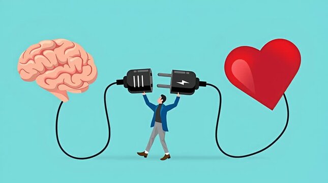 heart and brain connection, align your heart and brain, control feeling and emotion with logical thinking brain, man connect plug with heart to brain concept vector illustration with flat style design