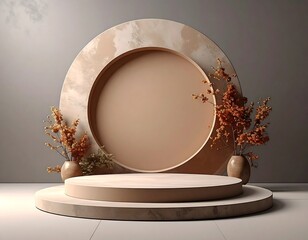 Modern presentation stage with circular backdrop and dried floral elements