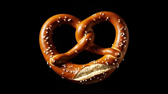 Close-up of a freshly baked pretzel with coarse salt against a black background, showcasing texture