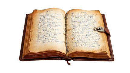 Old open book with handwritten text isolated on transparent background, antique diary with leather cover, vintage journal