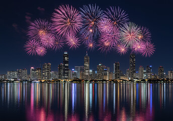 fireworks over the city building at night