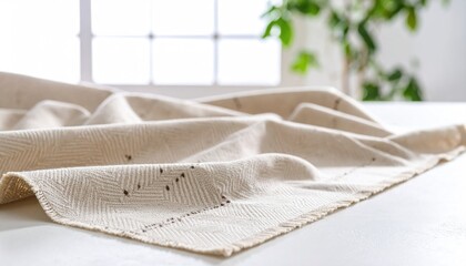 Cream Linen Herringbone Fabric Drape Closeup