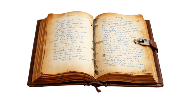 Old open book with handwritten text isolated on transparent background, antique diary with leather cover, vintage journal - Powered by Adobe
