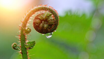Obraz premium Close-up of a Fern Fiddlehead Unfurling in Morning Light