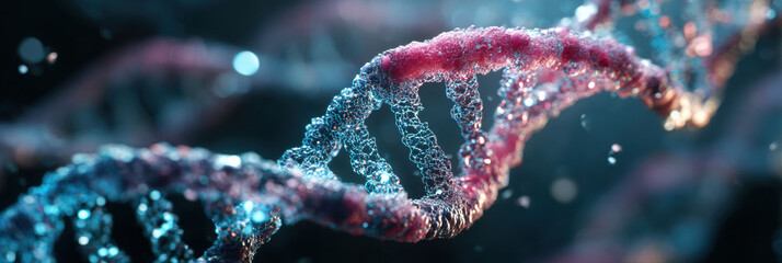 Blue DNA helix molecule with glowing genetic code structure. An awe inspiring view into science of biology, showing complexity of life and genetic information
