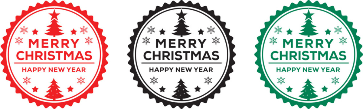 Vector Collection of Circular 'Merry Christmas Happy New Year' Badges with Snowflakes