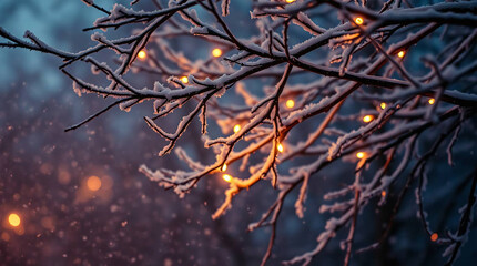 Frosted Branches with Bokeh Lights on a Snowy Winter Night