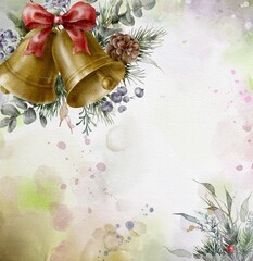 Square Christmas background or greeting card template with jingle bells and garlands. Christmas decor. Digital illustration.	