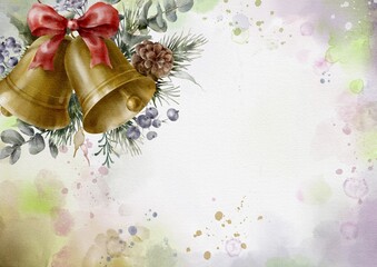 Horizontal Christmas background or greeting card template with jingle bells and garlands. Christmas decor. Digital illustration.	