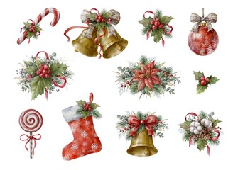 Watercolor Christmas set with red balls, garlands, jingle bells and christmas candy. Christmas decor clipart. Festive elements collection.	