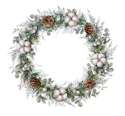 Watercolor Christmas wreath with cotton flowers, eucalyptus, fir branches and cones, berries and herbs. Christmas decor. Digital illustration.	