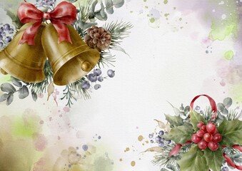 Horizontal Christmas background or greeting card template with jingle bells and garlands. Christmas decor. Digital illustration.	