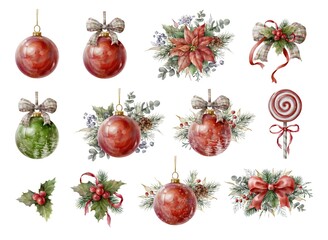 Watercolor Christmas set with red balls, garlands, berries and festive elements. Christmas decor clipart.	