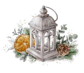 Watercolor Christmas lantern with fir garland, berries, eucaliptus, orange and fir cone. Christmas composition.	