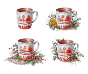 Set of Christmas red cups with garland, berries and fir cones. Watercolor Christmas decor.	