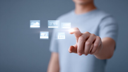 Focused man using finger to touch virtual screen with futuristic digital interface. Innovative business technology for future development and document management